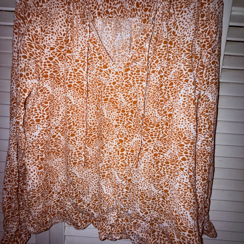 LOFT Rust and White V-Neck Tie Blouse Large No Damage